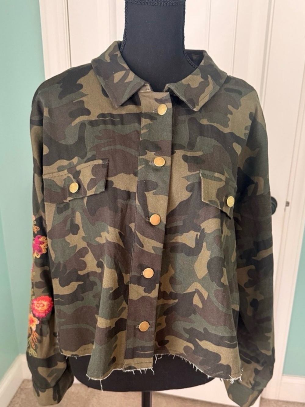 Savanna Jane Olive & Brown Camo Utility Jacket with Floral Sleeve